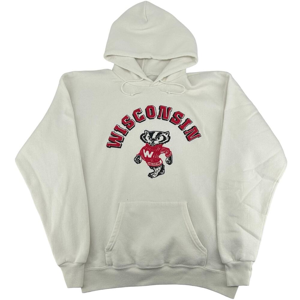 Vintage 80s Men's White NCAA UW Madison Wisconsin Badgers Hoodie Sweatshirt Sz M